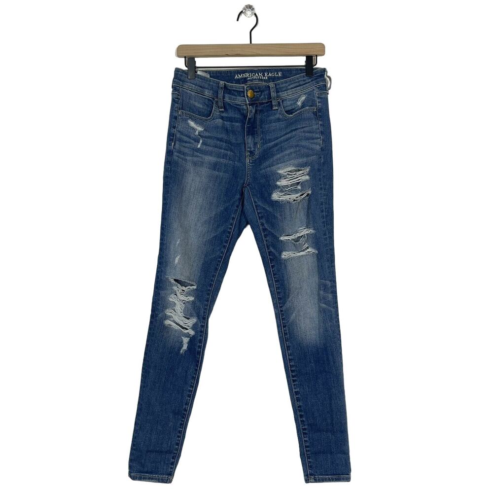 American Eagle Size 4 Super Stretch Hi Rise Jegging Distressed Skinny Blue Jeans